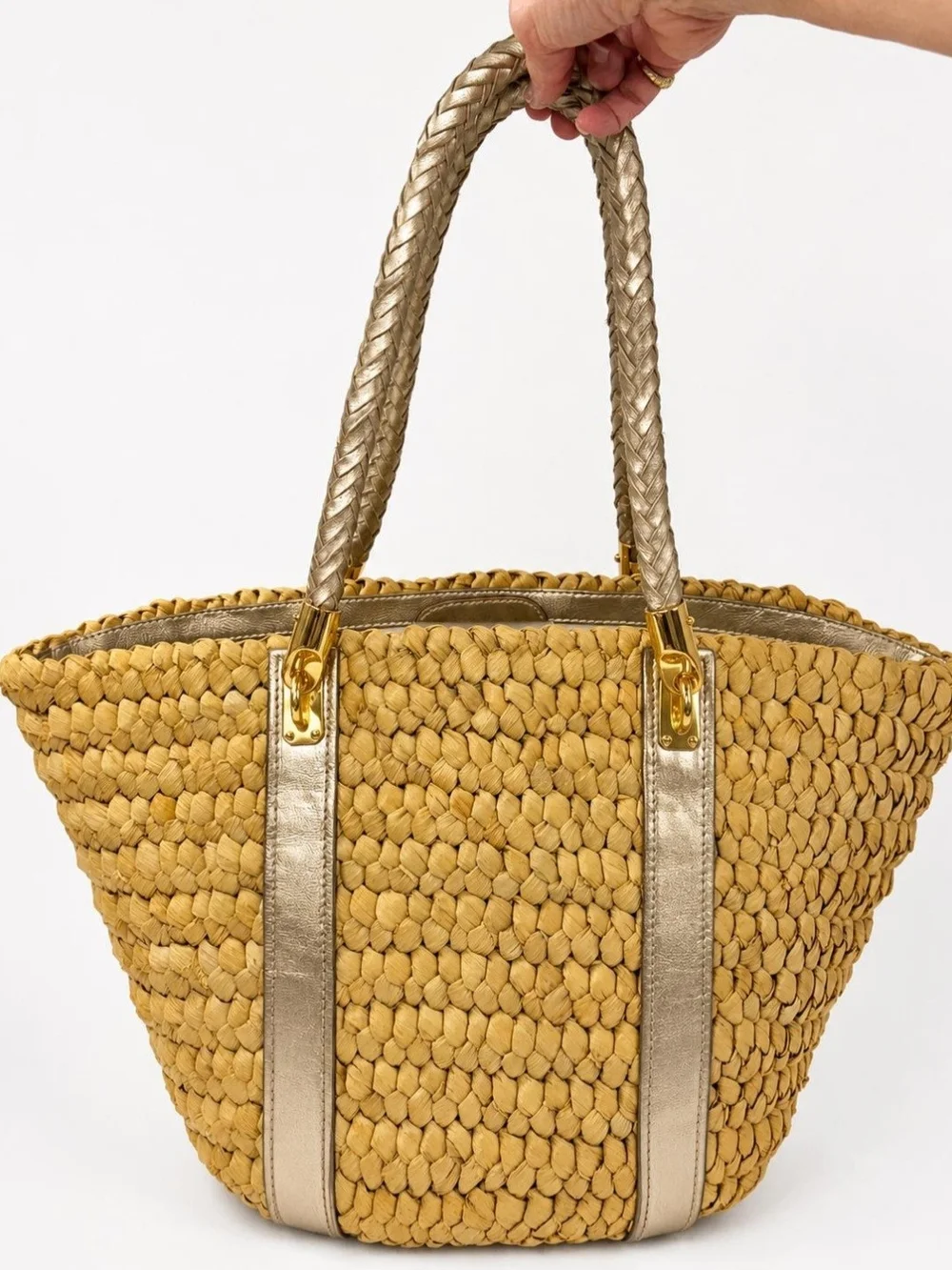 Michael Kors Woven Straw Tote Bag Metallic Champagne Leather Trim